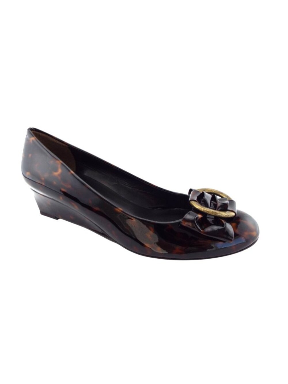 STUART WEITZMAN Tortoise Patent Leather Buckled Bow Wedge Heel Pumps 8.5
